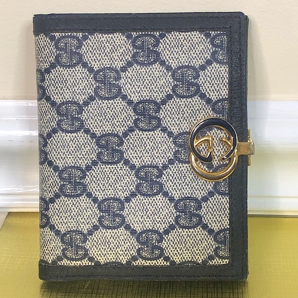 GUCCI GG Web Monogram Navy Blue Leather Coated Canvas Compact Bifold Wallet - Picture 16 of 17